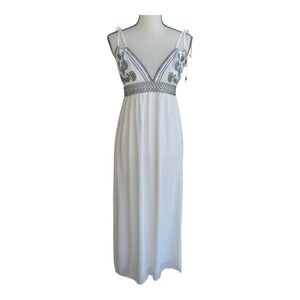 Lulus Cream Off White Navy Blue‎ Long Maxi Dress Size Large Embroidered